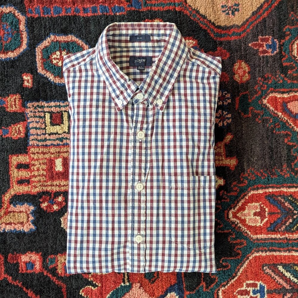 J. Crew Men's Long Sleeve Button Down Shirt Blue & Maroon Slim Medium Tall